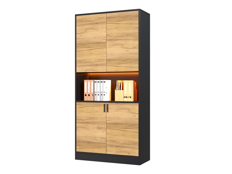  Armoire de rangement 80x35x180 cm avec led, meuble de bureau effet bois noir avec étagères réglables, bibliothèque portes pour salon bureau et entrée  - Conforama A