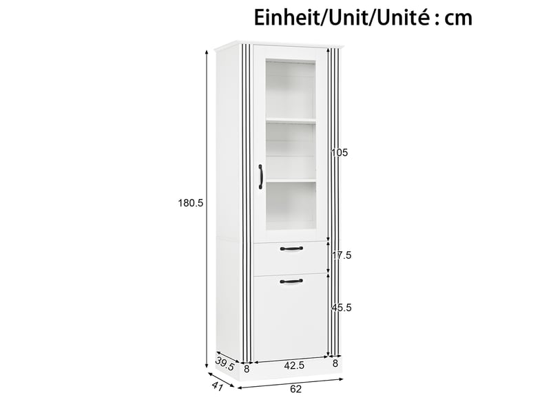  Vitrine avec porte miroir, éclairage led pilotable par application, tiroir et rangement, étagères, corps en panneaux de particules, poignées aluminium  - Conforama C