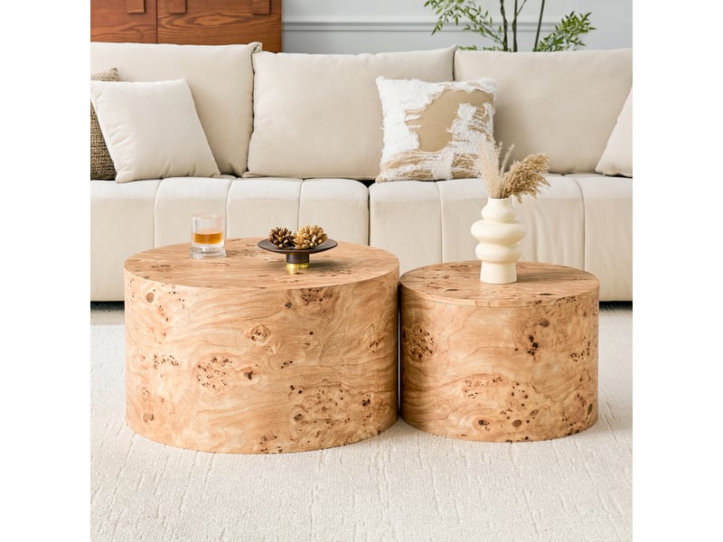 Lot de 2 tables basses gigognes rondes, avec rangement intégré, ø 62,844 cm, h 3529 cm, beige doré à motif, rangement intérieur, pour salon Luxe haut de gamme - Conforama B
