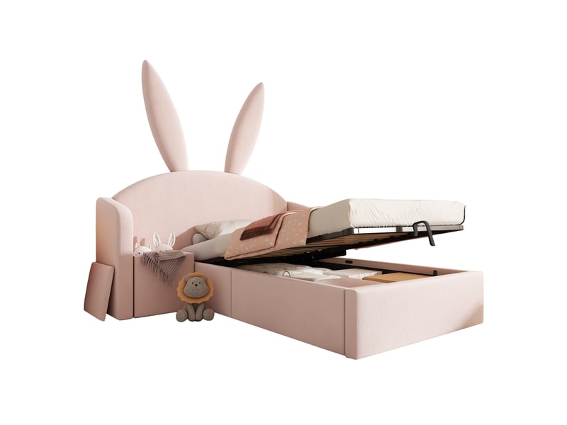  Lit coffre enfant 90x200 cm avec tête oreilles de lapin, rangement hydraulique et table de chevet réversible, velours rose  - Conforama A