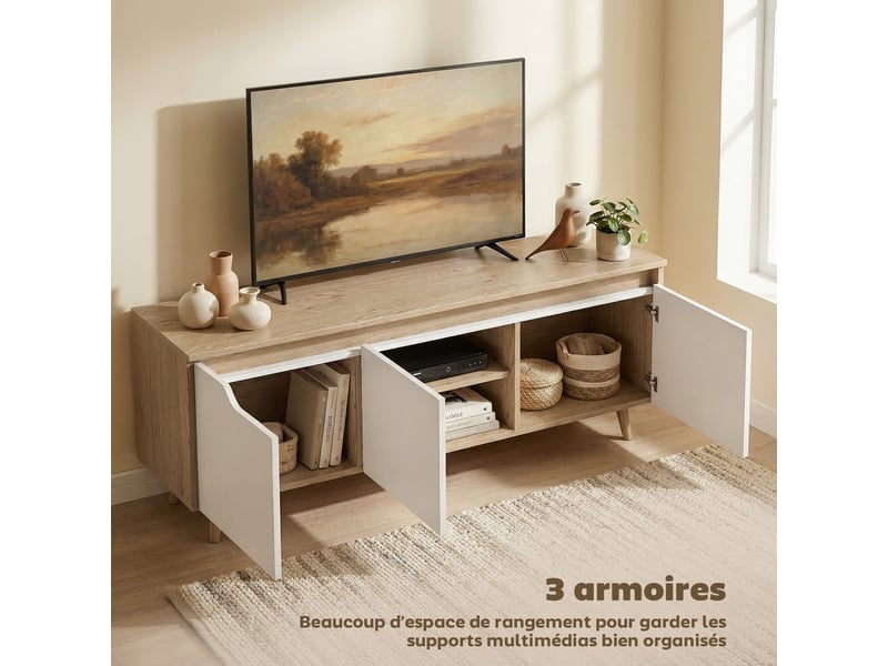  Meuble tv 120 cm, meuble télé pour téléviseur jusqu'à 55 pouces avec 3 portes, étagère réglable, chêne et blanc  - Conforama E