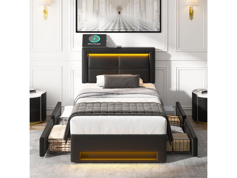  Lit rembourré 90 x 190 cm avec 4 tiroirs, éclairage led, ports usb et recharge sans fil, revêtement pu noir Fay Lum - Conforama E