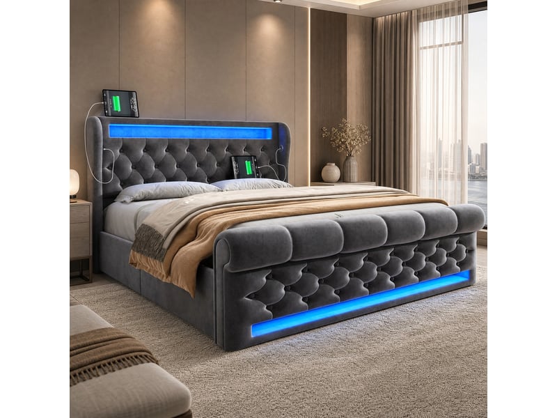 Lit double avec rangement hydraulique led gris en velours 160 x 200 cm - Conforama B