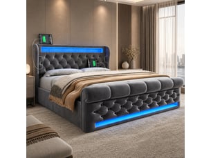 Lit double avec rangement hydraulique led gris en velours 160 x 200 cm