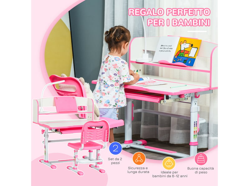  Ensemble bureau et chaise enfant réglable 6-12 ans rose avec lampe led et plateau inclinable  - Conforama R