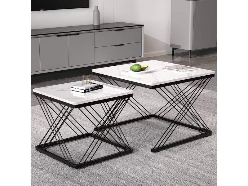 Lot de 2 tables basses carrées effet marbre brillant - pieds réglables en hauteur - charge 30 kg  - Conforama C