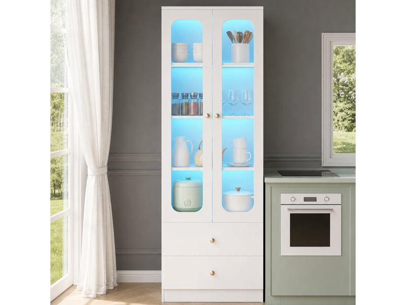 Vitrine avec 2 portes vitrées, 2 tiroirs et led rgb contrôlée par application, en mdf et verre blanc, 60 × 35 × 170 cm - Conforama B