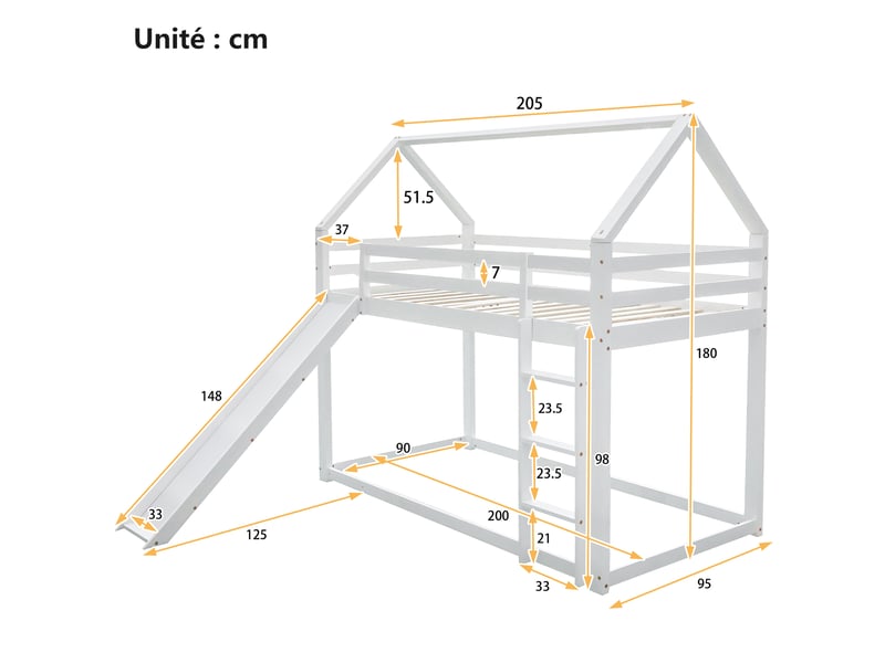  Lit superposé 90 x 200 cm - lit simple avec toboggan et échelle - pin + mdf - sans matelas - blanc  - Conforama C
