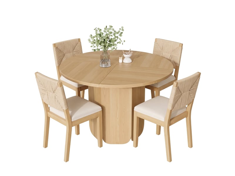  Ensemble table ronde 120 cm + 4 chaises de salle à manger, style scandinave &amp; mid-century, rotin cannage, assise lin beige  - Conforama A