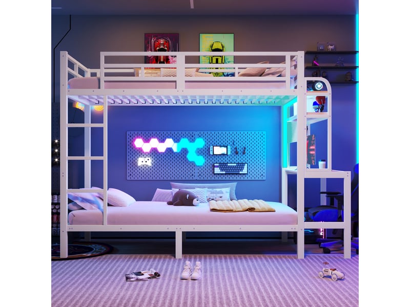  Lit superposé 90x200 cm, lit enfant, rangement, bureau, échelle sécurisée, barrière antichute, bois et métal blanc  - Conforama R