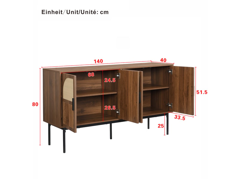  Buffet 4 portes à fermeture douce pour salon en mdf 140×40×80 cm finition noyer et rotin naturel  - Conforama E