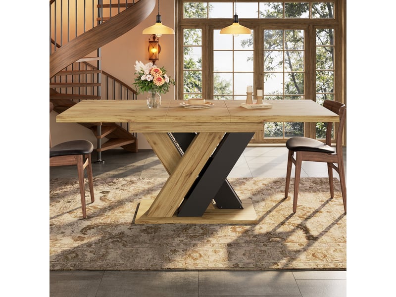  Table à manger extensible 119-158,5 x 80 x 75 cm, rallonge intégrée, plateau télescopique et pieds en x, pour cuisine ou salon,bois naturel evarich - Conforama E