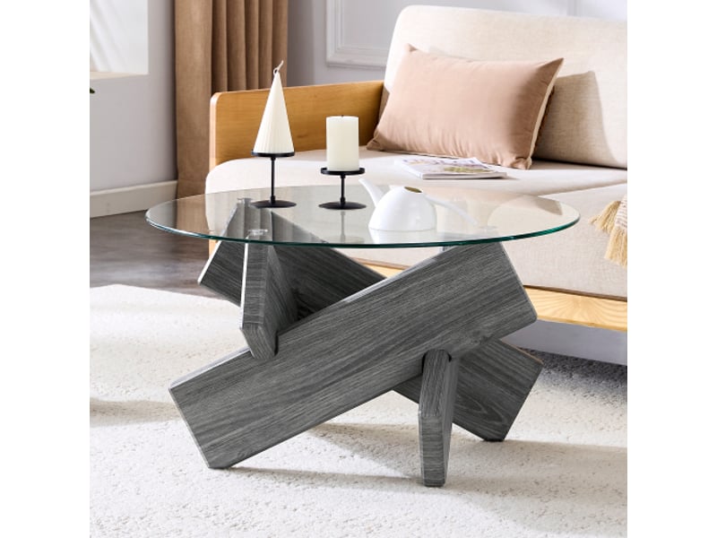  Table basse moderne ronde mdf et verre, plusieurs couleurs au choix | cadre bois croisé design créatif 79cm,gris  - Conforama B