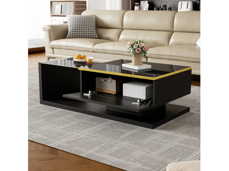  Table basse 100 x 50 cm noire brillante avec verre trempé et led 16 couleurs  - Conforama E