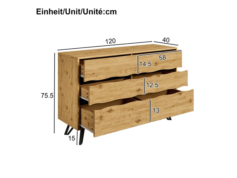  Commode 6 tiroirs – effet bois, pieds en métal, grand espace de rangement, design minimaliste – 120 x 40 x 75,5 cm  - Conforama C