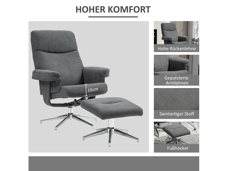Fauteuil relax avec pouf inclinable jusqu’à 130° en polyester avec structure en bois et pieds en acier, gris foncé - Conforama E