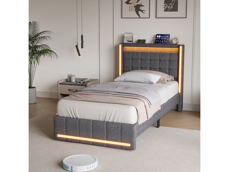  Lit rembourré 90 x 200 cm avec éclairage led, port de chargement usb, double tiroir, gris  - Conforama E
