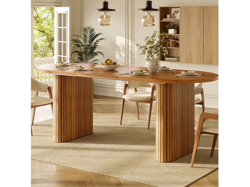  Table extensible pour 4 personnes avec plateau ovale et pieds texturés, en mdf et métal, marron, 120 × 80 × 75,5 cm  - Conforama C