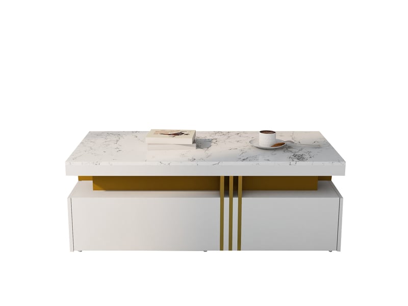  Meuble tv avec 3 tiroirs et table basse à 2 tiroirs pour salon en panneaux de particules blanc  - Conforama D