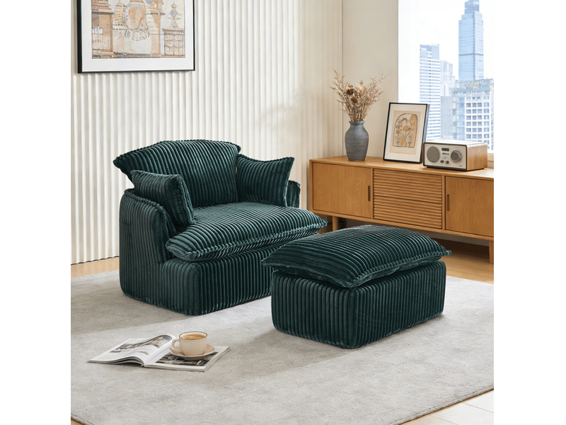 Fauteuil avec pouf vert en velours côtelé, compressé, 115 x 89 x 77 cm - Conforama C
