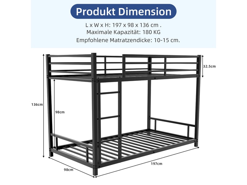  Lit superposé bas - 136cm - garde-corps 33cm - métal robuste - échelle intégrée - noir  - Conforama R