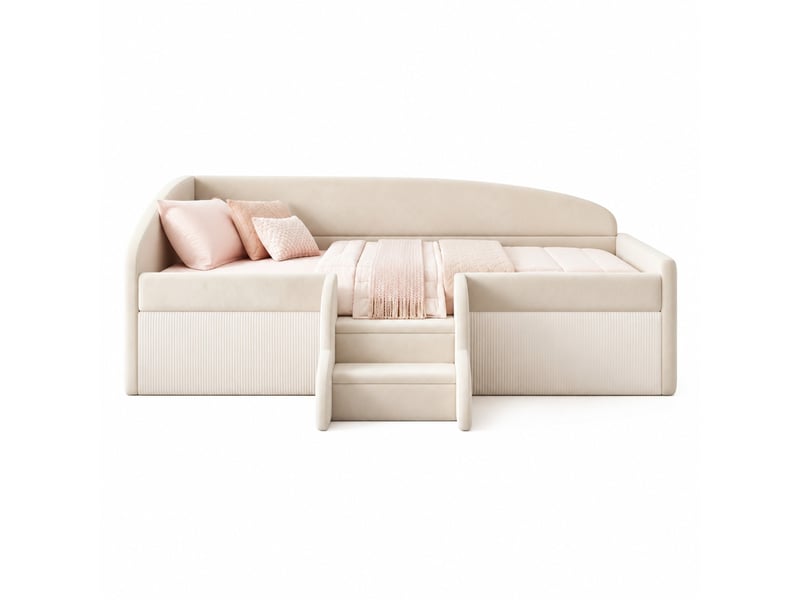  Lit pour enfant, 90x190 cm, avec sommier à lattes, barrières de sécurité, matelas non inclus, velours, coloris beige  - Conforama A