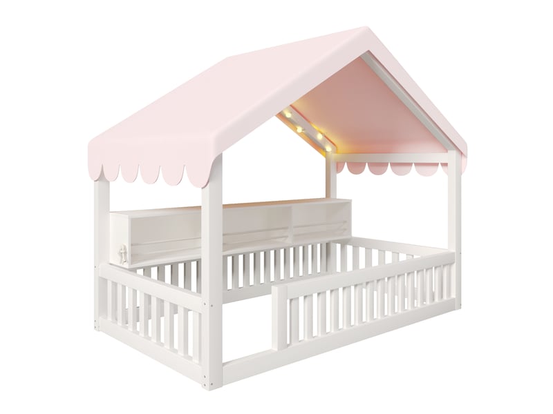  Lit cabane enfant 90x200 cm avec led, bibliothèque et barrières, blanc, sans sommier à lattes ni matelas  - Conforama R