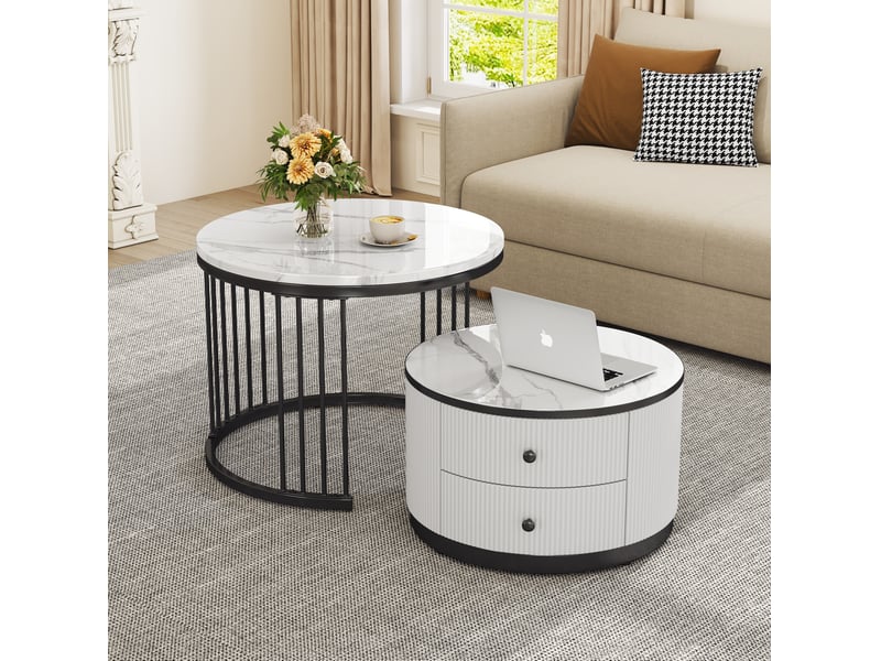  Ensemble tables basses 60x60x45,5+50x50x32cm, plateaux effet marbre(matériau non marbré), 2 tiroirs, mdf, blanc et noir  - Conforama R