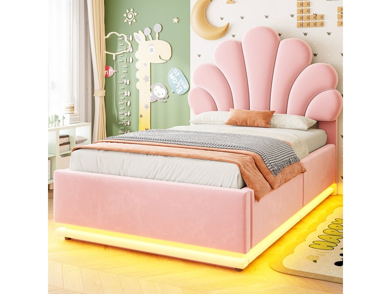  Lit coffre rembourré modenvie 90 x 200 cm avec led tête de lit fleur velours rose cadre métallique  - Conforama E