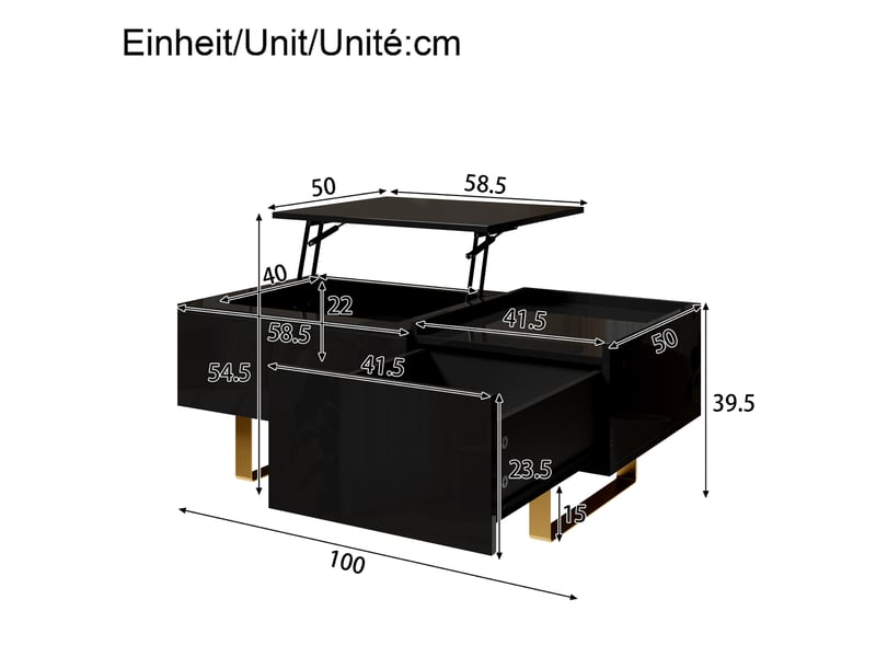  Table basse 100x50x54.5 cm relevable hydraulique avec tiroir en mdf noir  - Conforama E