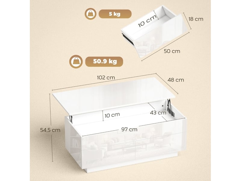  Table basse relevable avec rangement caché et 2 tiroirs, plateau à gaz pour salon, blanc brillant 102 × 48 × 40 cm  - Conforama C