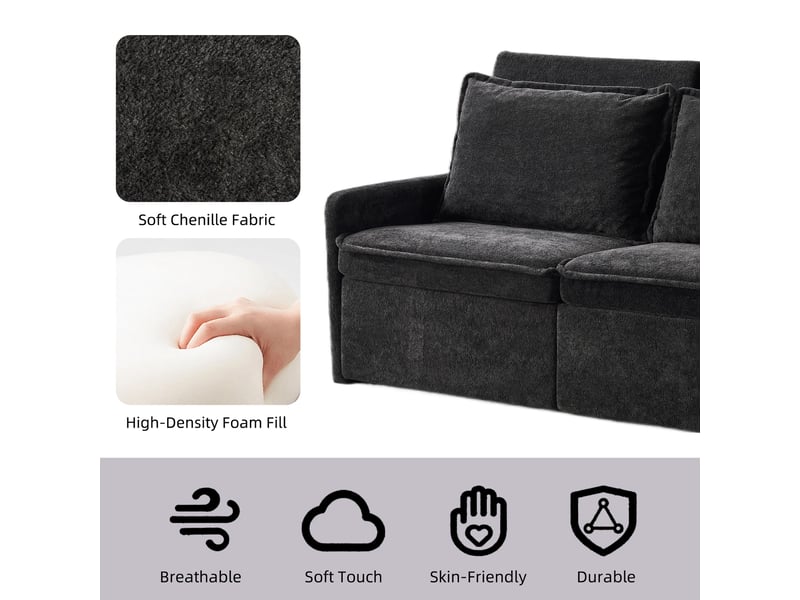  Canapé convertible 3-en-1 avec dossier réglable  - poches latérales, ports usb et usb-c, chenille - noir  - Conforama E