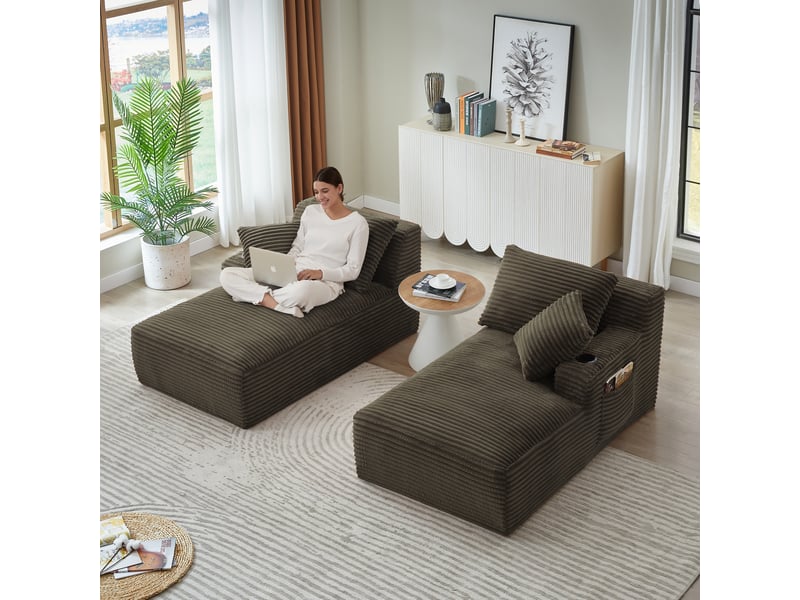  Canapé 2 places convertible en double méridienne, assise à ressorts, porte-gobelets, velours côtelé, marron OMNIGLINT TRADING LTD - Conforama D