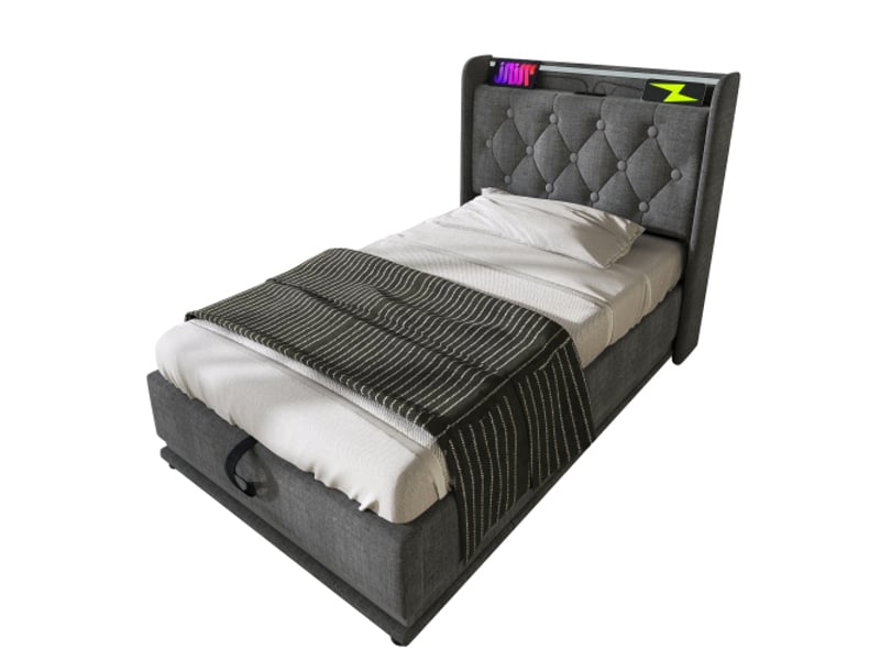  Lit coffre 90x200 cm, lit simple avec éclairage led, chargement usb et rangement hydaraulique, en lin, gris, sans matelas  - Conforama A