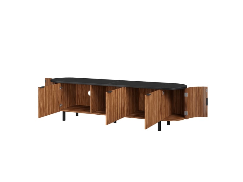  Meuble tv en mdf bois foncé, 5 portes, façade rainurée et côtés arrondis, pieds et poignées en métal  - Conforama D