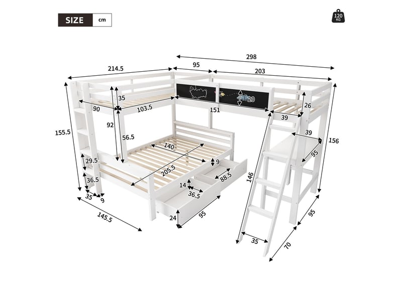  Lit 3 couchages 140x200+2x90x200cm bureau tiroir - lits superposés - pin massif blanc chêne étagères gain de place sécurisé pratique  - Conforama C