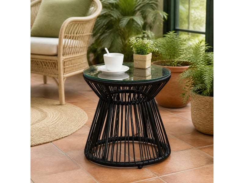  Table de jardin ronde noire en résine tressée et verre trempé, style bohème pour jardin et balcon au soleil  - Conforama B