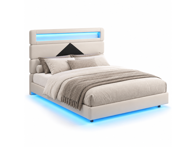 Lit double 140x190 cm avec lumières led, lit flottant rembourré, tête de lit avec fonction chargement usb, tissu en velours, blanc - Conforama A