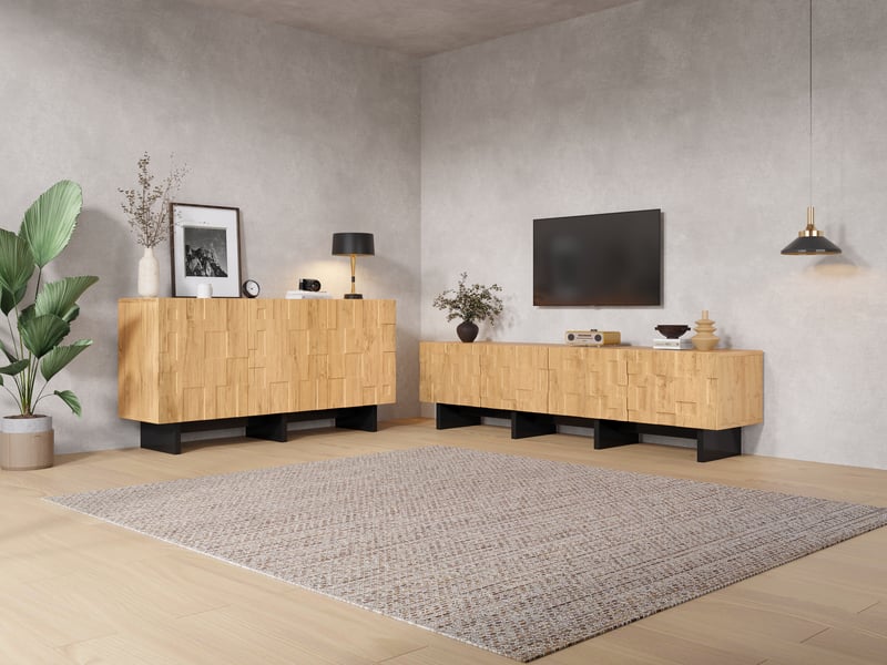 Ensemble meuble tv et buffet effet bois naturel, façades en relief et détails noirs, rangement pour téléviseur jusqu’à 75 pouces - Conforama D