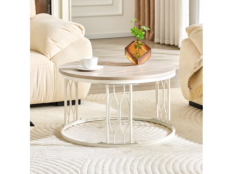 Table basse ronde avec plateau effet bois, structure en métal, base ouverte, pour salon, 70 × 40,5 cm  - Conforama C