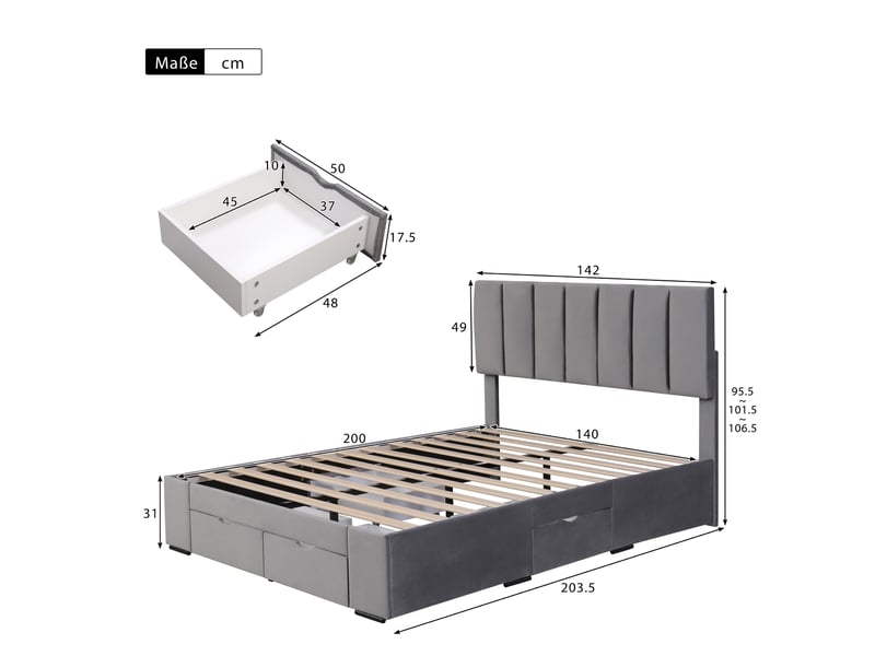  Lit double capitonné 140x200 cm velours gris - tête rembourrée et 4 tiroirs de rangement  - Conforama C