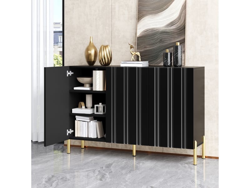 Meuble à chaussures buffet 3 portes, étagères réglables et pieds métalliques dorés, en mdf noir 120×35,5×80 cm - Conforama B