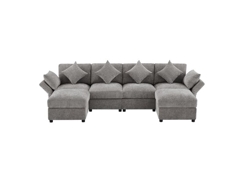  Canapé modulaire en chenille gris avec 2 poufs, accoudoirs réglables et 6 coussins  - Conforama A