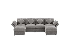 Canapé modulaire en chenille gris avec 2 poufs, accoudoirs réglables et 6 coussins