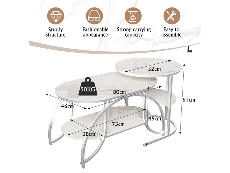 Lot de 2 tables basses - 80x46x45cm - table de salon gigognes rondes plateau effet marbre blanc et métal - argenté - Conforama E