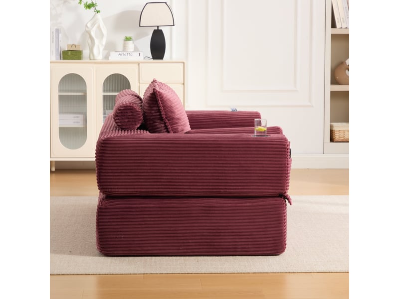  Canapé convertible 2 places velours côtelé bordeaux avec coffre intégré et porte-gobelet pratique  - Conforama R