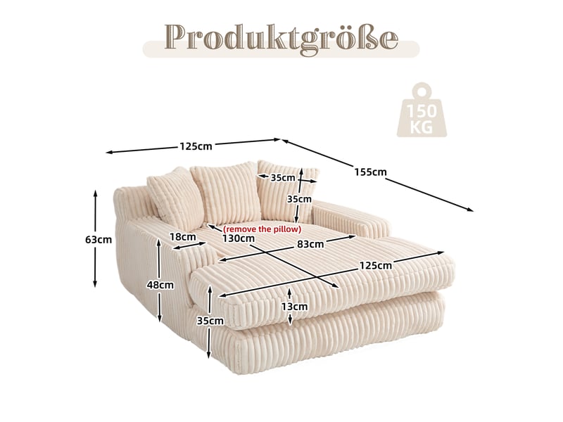  Canapé droit,canapé simple confortable en velours côtelé avec 3 oreillers moelleux,125x155x63,beige canapé beige - Conforama C