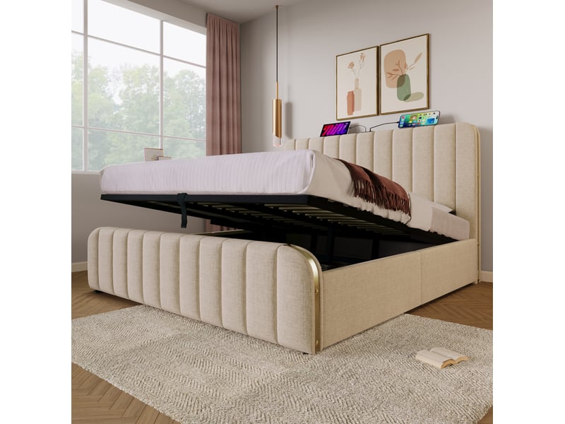  Lit double coffre 180x200 cm en lin beige avec usb et port usb-c, sans matelas  - Conforama B
