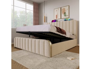 Lit double coffre 180x200 cm en lin beige avec usb et port usb-c, sans matelas