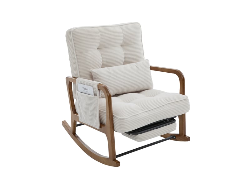 Fauteuil à bascule moderne en velours côtelé beige avec repose-pieds et coussin lombaire - Conforama D